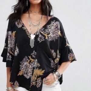 Free People Black and Gold Floral Blouse